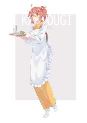  1girl ahoge alternate_costume apron blush border choko_(cup) commentary_request cup fate/grand_order fate_(series) flying_sweatdrops frilled_apron frills fujimaru_ritsuka_(female) grey_background hair_between_eyes hair_ornament hair_scrunchie highres holding holding_tray japanese_clothes kimono looking_at_viewer orange_hair outside_border ponytail scrunchie shino-o sidelocks solo sweatdrop tabi tokkuri tray white_apron white_border yellow_eyes yellow_scrunchie 