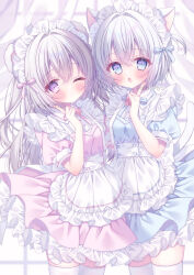 2girls :o animal_ears apron bear_ears blue_dress blue_eyes blush cat_ears cat_girl cat_tail commentary dress frilled_apron frilled_hairband frills hair_between_eyes hairband hand_up highres long_hair looking_at_viewer maid maid_headdress multiple_girls one_eye_closed open_mouth original pink_dress puffy_short_sleeves puffy_sleeves puu_(kari---ume) short_hair short_sleeves tail thigh-highs untranslatable_commentary very_long_hair violet_eyes white_apron white_hair white_hairband white_thighhighs zettai_ryouiki 