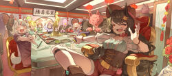  3boys 6+girls absurdres black_hair blonde_hair bottle chair chinese_commentary commentary_request cowboy_hat cup dinner dragon_horns eagle_spirit_(touhou) food hat highres holding holding_bottle holding_cup horns indoors kicchou_yachie kurokoma_saki mitsugashira_enoko multiple_boys multiple_girls open_mouth otter_spirit_(touhou) sharp_teeth short_hair sitting smile son_biten teeth tenkajin_chiyari touhou toutetsu_yuuma wolf_spirit_(touhou) yazato_ichimushi 