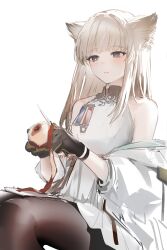  1girl absurdres animal_ears apple arknights arknights:_endfield backlighting bare_shoulders bird_ears black_gloves black_pantyhose blue_eyes commentary dress food fruit gloves grey_hair head_wings highres holding holding_food holding_fruit holding_knife jacket knife long_hair looking_down off_shoulder open_clothes open_jacket pantyhose peeling perlica_(arknights) sidelocks simple_background solo sowb white_background white_dress white_jacket wings 
