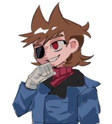  1boy adapted_costume animification antenna_hair blue_coat brown_hair burn_scar chinese_commentary coat commentary_request eddsworld eyepatch flipped_hair gloves grin hair_ears hand_up long_sleeves male_focus military_coat military_uniform plain_epaulettes red_eyes red_leader_(eddsworld) red_sweater scar short_hair simple_background smile solo sweater tord_(eddsworld) turtleneck turtleneck_sweater upper_body whalebone_(muffinsuki) white_gloves 