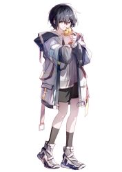  1girl absurdres bang_dream! bang_dream!_it's_mygo!!!!! black_shorts black_socks eating food full_body grey_hair grey_shirt grey_shoes hair_between_eyes hibioes highres holding holding_food jacket long_sleeves open_clothes open_jacket open_mouth red_eyes shirt shoes short_hair shorts simple_background socks solo takamatsu_tomori white_background white_jacket 