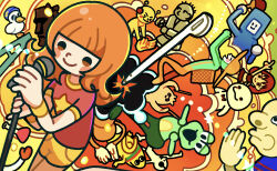  2girls 3boys absurdres ball basket character_request chorus_man closed_mouth commentary_request dancing dj_yellow hat highres holding holding_microphone karateka_(rhythm_tengoku) kerokero_gasshou-dan long_hair microphone moaio multiple_boys multiple_girls open_mouth orange_hair paddle pannomimi0301 pinpon_hito receive-kun red_hair red_shirt rhythm_tengoku shirt shuugyou_otoko smile soccer_ball solid_oval_eyes straw_hat stylus table_tennis_paddle uraomote_hito 