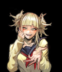  1girl absurdres bags_under_eyes black_background blonde_hair blue_sailor_collar blunt_bangs blush boku_no_hero_academia byeol_geo cardigan double_bun fangs hair_bun hand_on_own_cheek hand_on_own_face hands_up highres looking_at_viewer messy_hair neckerchief outstretched_arm reaching reaching_towards_viewer red_neckerchief sailor_collar slit_pupils solo toga_himiko yellow_cardigan yellow_eyes 