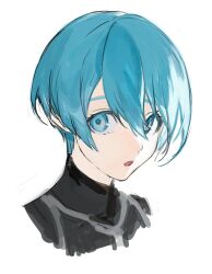  :o black_bodysuit blue_eyes blue_hair blue_lock bodysuit choppy_bangs commentary_request eyelashes highres looking_to_the_side male_focus open_mouth pale_skin portrait short_hair sketch solo solo_focus white_background you_hiori ysokzo 
