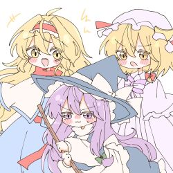  3girls alice_margatroid alice_margatroid_(cosplay) apron blonde_hair blue_dress blush bow bowtie braid capelet commentary_request cosplay costume_switch crescent crescent_hat_ornament dress embarrassed frilled_hairband frills hair_bow hairband hat hat_bow hat_ornament highres holding kirisame_marisa kirisame_marisa_(cosplay) long_hair long_sleeves looking_at_viewer mob_cap mokotan802 multiple_girls open_mouth patchouli_knowledge patchouli_knowledge_(cosplay) purple_bow purple_bowtie purple_hair red_bow red_hairband side_braid single_braid skirt smile striped_clothes striped_dress sweat touhou very_long_hair vest violet_eyes waist_apron white_bow witch_hat yellow_eyes 