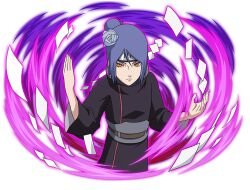  1girl amegakure_symbol black_coat brown_eyes coat forehead_protector konan_(naruto) looking_at_viewer naruto_(series) naruto_shippuuden naruto_shippuuden:_ultimate_ninja_blazing official_art paper purple_hair solo upper_body 