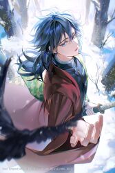  1boy absurdres bare_tree bird black_bird black_hair blue_eyes commentary day demon_slayer_uniform english_commentary from_side half-closed_eyes haori highres jacket japanese_clothes katana kimetsu_no_yaiba long_hair looking_at_viewer looking_to_the_side male_focus open_mouth outdoors pianjian print_haori red_haori sheath sheathed snow solo sword tomioka_giyuu tree twitter_username watermark weapon 