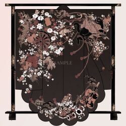  black_kimono chinese_commentary commentary_request commission floral_print floral_print_kimono furisode highres japanese_clothes kimono liuyushenqiushenbaifo no_humans original pink_background print_kimono sample_watermark simple_background watermark 