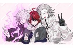  3boys :d ^_^ ahoge aotsuki_eito black_gloves black_jacket black_streaks blue_jacket boy_sandwich breast_pocket closed_eyes commentary drawstring eyes_visible_through_hair facing_viewer fire gakuran glasses gloves grey_hair grey_jacket hair_over_one_eye hand_up hood hoodie jacket jacket_over_hoodie letterboxed long_sleeves male_focus multicolored_hair multicolored_jacket multiple_boys open_clothes open_jacket pink_background pink_fire pocket red_hair sandwiched school_uniform shion_(hundred_line) short_hair signature small_sweatdrop smile sooon_omi streaked_hair sumino_takumi the_hundred_line_-last_defense_academy- two-tone_hair two-tone_jacket v watermark white_hair white_hoodie white_jacket 