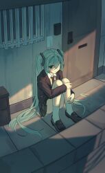  1girl absurdres against_wall apartment aqua_eyes aqua_hair black_skirt brown_jacket brown_necktie closed_mouth collared_shirt convenient_leg door doorbell eyepatch hair_between_eyes hair_ornament hatsune_miku highres hugging_own_legs jacket k2s kneehighs knees_up lapels loafers long_hair long_sleeves looking_at_viewer medical_eyepatch miniskirt monitoring_(vocaloid) necktie notched_lapels on_floor one_eye_covered open_clothes open_jacket outdoors pleated_skirt school_uniform shirt shoes sidelocks sitting skirt socks solo twintails very_long_hair vocaloid white_shirt white_socks 