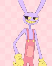  1boy :d absurdres artist_name black_eyes buttons checkered_background colored_sclera colored_teeth commentary cowboy_shot curled_fingers english_commentary furry furry_male gloves gold_buttons grin highres jax_(the_amazing_digital_circus) jitome looking_to_the_side male_focus meru_(mer_milky77) mixed-language_commentary overalls pink_background pink_overalls purple_fur rabbit_boy skinny smile smug solo standing teeth the_amazing_digital_circus twitter_username yellow_gloves yellow_sclera yellow_teeth 