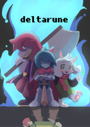  1boy 1girl 1other absurdres axe blue_hair blush_stickers boots cape commentary copyright_name deltarune different_reflection fang full_body grin hair_over_eyes heart highres holding holding_axe holding_heart kris_(dark_world)_(deltarune) kris_(deltarune) long_hair open_mouth ralsei red_cape red_scarf reflection rin_paint2001 ripples scarf sharp_teeth smile susie_(deltarune) sword teeth utdr_(toby_fox) weapon 