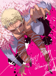  1boy absurdres blonde_hair commentary_request donquixote_doflamingo evil_smile feather_cape gomoku_0318 happy_birthday highres male_focus one_piece pants pink_background shirt short_hair smile solo splatter string sunglasses tongue tongue_out white_shirt 