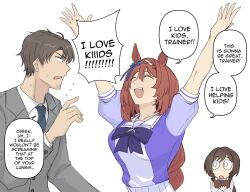  1boy 2girls animal_ears arms_up blank_stare bow braid braided_ponytail ear_bow ear_ornament ear_ribbon highres holding holding_notebook holding_pen horse_ears horse_girl maven_(madeinheaven_23) multiple_girls notebook open_mouth otonashi_etsuko parody pen puffy_short_sleeves puffy_sleeves purple_sailor_collar purple_serafuku purple_shirt sailor_collar school_uniform serafuku shirt short_sleeves smiling_friends super_creek_(umamusume) tracen_school_uniform trainer_(umamusume) umamusume white_background 