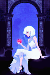  absurdres artist_name bleach blue_eyes breasts commentary crescent crescent_earrings dress earrings from_side hakka_no_togame_(bankai) high_heels highres jewelry kuchiki_rukia kurosaki_ichigo light_smile long_dress looking_at_viewer see-through_cleavage see-through_clothes short_hair silhouette sitting small_breasts solo_focus still_life umbra_(edits_umbra) untranslatable_commentary watermark white_hair 