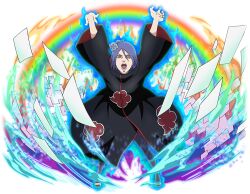  1girl akatsuki_uniform arms_up black_boots black_coat black_pants boots brown_eyes coat full_body konan_(naruto) looking_at_viewer naruto_(series) naruto_shippuuden naruto_shippuuden:_ultimate_ninja_blazing official_art open-toe_boots open_mouth pants paper print_coat purple_hair rainbow short_hair solo teeth 