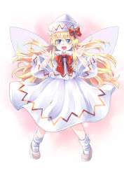  1girl absurdres blonde_hair blue_eyes bow bowtie capelet commentary_request fairy fairy_wings full_body hajimakura hat hat_bow highres lily_white long_hair long_sleeves looking_at_viewer open_mouth pink_shoes red_bow red_bowtie shirt shoes skirt smile socks solo touhou very_long_hair white_capelet white_hat white_shirt white_skirt white_socks wide_sleeves wings 