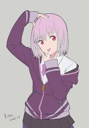  1girl absurdres artist_name black_skirt bow closed_mouth commentary dated grey_background grey_pantyhose gridman_universe highres hood hood_down hooded_jacket jacket long_sleeves medium_hair ninestar pantyhose pleated_skirt purple_bow purple_hair purple_jacket red_eyes reze_dance shinjou_akane shirt skirt solo ssss.gridman tongue tongue_out white_shirt 
