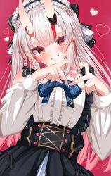  1girl absurdres black_skirt blue_bow blue_bowtie blush bow bowtie center_frills clothing_cutout commentary_request cowboy_shot frilled_shirt frills gradient_hair grin hands_up heart heart_hands highres hololive horns long_hair long_sleeves looking_at_viewer miaruri multicolored_hair nakiri_ayame oni pink_background red_eyes shirt shirt_tucked_in shoulder_cutout simple_background skin-covered_horns skirt smile solo straight_hair streaked_hair virtual_youtuber white_hair white_shirt 