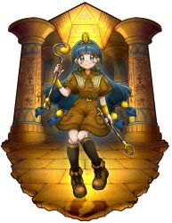  1girl armlet belt black_thighhighs blue_eyes blue_hair blunt_bangs boots brown_boots brown_shirt brown_shorts clover_(clover11_40) collared_shirt commentary earrings facial_mark floating fold-over_boots full_body gold_armlet gold_hairband gold_headdress hair_ornament hairband highres holding holding_scepter holding_staff jewelry key_earrings lace-up_boots long_hair looking_at_viewer low-tied_long_hair michigami_nareko pillar pyramid_(structure) quad_tails scepter shadow shirt short_sleeves shorts smile solo sphere_hair_ornament staff thigh-highs touhou triangle triangle_facial_mark usekh_collar white_background 