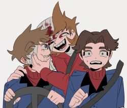  3boys animification antenna_hair bandage_over_one_eye beard_stubble black_sclera blood blue_coat brown_hair coat colored_sclera comic_panel_redraw commentary curtained_hair derivative_work drawstring eddsworld facial_hair fang flipped_hair grabbing_another's_face grey_eyes hair_ears head_grab hood hood_down hoodie long_sleeves male_focus military_coat military_uniform mismatched_sclera multiple_boys open_mouth patryck_(eddsworld) paul_(eddsworld) plain_epaulettes red_eyes red_hoodie red_sweater seatbelt short_hair simple_background steering_wheel stubble sweat sweater the_beginning_and_the_friend thick_eyebrows tord_(eddsworld) turtleneck turtleneck_sweater unlit_cigarette_in_mouth upper_body whalebone_(muffinsuki) white_background wide-eyed 