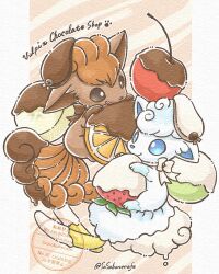  alolan_vulpix banana blue_eyes border brown_eyes character_name cherry chocolate chocolate-covered_food commentary_request food food_focus fruit grapes highres holding licking_lips no_humans no_sclera orange_(fruit) pokemon pokemon_(creature) pokemon_focus ribbon sasabunecafe smile strawberry tongue tongue_out twitter_username vulpix white_border white_chocolate 