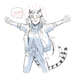  1girl absurdres afterimage animal_ear_fluff animal_ears arknights blush chain cropped_legs denim english_text gloves hair_between_eyes highres indra_(arknights) jacket jeans long_hair looking_at_viewer monochrome multicolored_hair navel open_clothes open_jacket orange_eyes outstretched_arms pants scar seung-aeja sharp_teeth shirt simple_background smile solo speech_bubble spot_color spread_arms streaked_hair striped_tail tail tail_wagging teeth tiger_ears tiger_girl tiger_tail torn_clothes torn_pants white_background yellow_eyes 