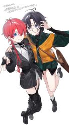  2girls absurdres adjusting_eyewear black_boots black_gloves black_hair black_jacket blue_eyes boots collared_shirt commentary_request diagonal-striped_clothes diagonal-striped_necktie fingerless_gloves full_body glasses gloves green_shirt grin gyaru_v hand_on_another's_shoulder hand_on_another's_waist highres idolmaster idolmaster_(classic) idolmaster_million_live! jacket julia_(idolmaster) kikuchi_makoto long_sleeves looking_at_viewer multiple_girls necktie one_eye_closed orange_vest red_hair shirt short_hair simple_background smile standing standing_on_one_leg striped_clothes thigh_boots translation_request v vest vickyycy99 violet_eyes white_background 