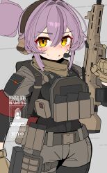  1girl absurdres black_shirt brown_eyes brown_gloves commentary covered_navel ear_protection english_commentary gloves grey_background grey_jacket grey_pants gun hair_between_eyes hair_intakes headset highres holding holding_gun holding_weapon iwasawayuki jacket layered_sleeves long_sleeves looking_at_viewer original pants parted_lips purple_hair shirt short_over_long_sleeves short_sleeves solo unfinished watermark weapon weapon_request 