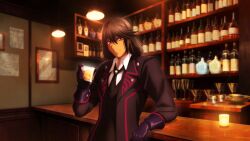  1boy artist_request bar_(place) black_coat black_hair black_necktie black_suit bottle ceiling_light closed_mouth coat commentary counter cup drink drinking_glass english_commentary gaius_(tales) game_cg gloves highres holding holding_drink indoors long_hair looking_at_viewer necktie official_alternate_costume official_art purple_gloves red_eyes smile solo standing suit tales_of_(series) tales_of_crestoria tales_of_xillia tales_of_xillia_2 third-party_source upper_body wine_bottle 