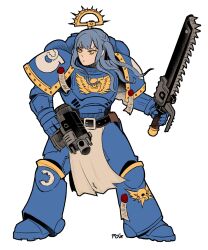  1girl adeptus_astartes armor artist_name asymmetrical_dual_wielding bang_dream! bang_dream!_it's_mygo!!!!! belt black_belt blue_armor blue_hair chainsword commentary dual_wielding full_body gun highres holding holding_bolter holding_gun holding_sword holding_weapon loincloth long_hair looking_to_the_side pauldrons power_armor shoulder_armor simple_background solo standing sword togawa_sakiko warhammer_40k weapon white_background wu62325408 yellow_eyes 