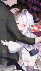  1boy 1girl adversarial_noise ahoge bag black_jacket black_wings blue_archive blurry blurry_background blush bouquet closed_eyes closed_mouth commentary_request depth_of_field flower grey_pants grey_thighhighs hair_ornament hairclip halo handbag head_out_of_frame highres hina_(blue_archive) holding holding_bouquet horns jacket jewelry long_hair long_sleeves low_wings masshirokachi nail_polish pants parted_bangs pink_flower puffy_long_sleeves puffy_sleeves red_flower red_rose ribbed_thighhighs ring rose sensei_(blue_archive) shoulder_bag single_hair_intake sleeves_past_wrists small_sweatdrop sweat tears thigh-highs very_long_hair watermark white_flower white_hair white_jacket white_rose wings yellow_nails 
