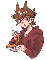  1boy animification antenna_hair brown_hair drawstring eating eddsworld flipped_hair food fork hair_behind_ear hair_ears highres holding holding_fork holding_plate hood hood_down hoodie long_sleeves looking_at_viewer male_focus open_mouth pasta plate red_eyes red_hoodie short_hair simple_background sketch solo spaghetti tord_(eddsworld) whalebone_(muffinsuki) white_background 