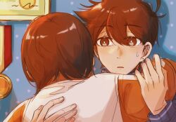  2boys \||/ against_wall antenna_hair blue_background blue_sweater bright_pupils brothers brown_eyes brown_hair chinese_commentary commentary_request css021125 double-parted_bangs drop_shadow earrings fingernails from_behind hair_behind_ear hair_between_eyes hand_on_another's_arm hand_on_another's_back hands_up hero_(faraway)_(omori) hero_(omori) highres holding_another's_arm indoors jacket jewelry kel_(faraway)_(omori) kel_(omori) long_sleeves looking_at_another male_focus medal multiple_boys omori orange_sleeves parted_lips polka_dot polka_dot_background puffy_long_sleeves puffy_sleeves raglan_sleeves short_hair siblings simple_background single_vertical_stripe stud_earrings sweatdrop sweater tareme tongue turtleneck turtleneck_sweater very_short_hair white_jacket white_pupils 