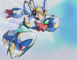  1boy android armor commentary falcon_armor_x_(mega_man) forehead_jewel full_body green_eyes helmet highres male_focus mechanical_wings mega_man_(series) mega_man_x5 mega_man_x_(series) midair scanlines solidvitoart solo white_armor white_helmet wings x_(mega_man) 