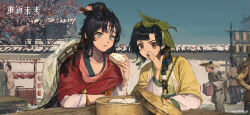  2girls :t architecture bamboo_steamer black_hair blue_eyes blue_sky brown_eyes chinese_clothes copyright_name copyright_notice day east_asian_architecture eating facial_mark flower food food_on_face forehead_mark green_hanfu green_headscarf hair_branch hair_bun hair_flower hair_ornament hand_up hanfu hat_on_back headscarf highres holding holding_food jacket lantern logo long_braid long_hair looking_at_viewer mayfly_(reverse:1999) multiple_girls official_art official_wallpaper open_mouth osmanthus_cake outdoors paper_heron paper_lantern people pink_flower pout red_flower red_hanfu reverse:1999 side-by-side sky snow sweat table tree upper_body v-shaped_eyebrows weimao whispering yellow_jacket 
