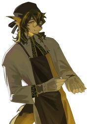  1boy absurdres adjusting_clothes adjusting_gloves apron arknights black_hair blonde_hair coat commentary_request cowboy_shot dragon_boy dragon_tail furry furry_male glasses gloves headscarf highres lee_(arknights) looking_at_viewer male_focus multicolored_hair pointy_ears round_eyewear simple_background solo streaked_hair tail white_background yegaa7 yellow_eyes 