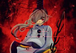  1girl blue_skirt commentary_request cowboy_shot ebimikosama35 floating_clothes floating_hair grey_hair hair_over_mouth hair_over_one_eye hat highres japanese_clothes jitome kariginu long_hair long_sleeves looking_at_viewer mononobe_no_futo ponytail red_background red_eyes ribbon-trimmed_sleeves ribbon_trim robe seven-branched_sword skirt solo straight-on tate_eboshi touhou white_robe 