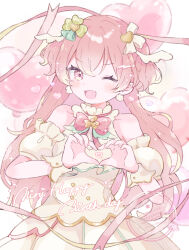  1girl balloon collarbone commentary_request detached_sleeves earrings fang hair_between_eyes hair_ribbon happy_birthday heart heart_balloon heart_hands highres jewelry long_hair looking_at_viewer momoi_airi one_eye_closed open_mouth pink_eyes pink_hair project_sekai puyu_(ssyakani) ribbon skin_fang solo 