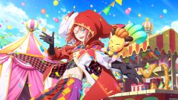  1boy animal_balloon artist_request black_gloves blue_eyes blue_sky character_balloon clouds commentary confetti corrine cowboy_shot day elbow_gloves english_commentary festival game_cg gloves hat highres jester_cap jester_costume long_hair looking_at_viewer makeup multicolored_pants navel official_alternate_costume official_art one_eye_closed open_mouth outdoors pants red_hair sky smile solo tales_of_(series) tales_of_crestoria tales_of_symphonia tent third-party_source zelos_wilder 