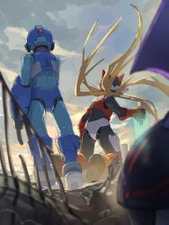  3boys absurdres armor axl_(mega_man) blonde_hair blue_armor blue_helmet commentary_request energy_sword helmet highres kneeling mega_man_(series) mega_man_zero_(series) multiple_boys omochi_(mochi_skymega) red_armor red_helmet standing sword weapon x_(mega_man) z_saber zero(z)_(mega_man) zero_(mega_man) 