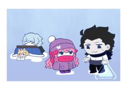  2boys 2girls alternate_costume angry beanie black_eyes black_hair black_pants black_scarf blue_background bow buttons chibi chibi_only closed_eyes coat commentary_request dead_apostle_noel_(tsukihime) futon hair_slicked_back hat hood hoodie looking_at_another looking_at_viewer medium_hair michael_roa_valdamjong multiple_boys multiple_girls neco-arc noel_(tsukihime) pale_skin pants pink_bow pink_hair pink_scarf pom_pom_(clothes) pom_pom_beanie scar scarf shirt side_dish030 sidelocks sweat tsukihime tsukihime_(remake) vampire vlov_arkhangel watermark wavy_hair white_hair white_shirt winter_clothes 
