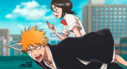  1boy 1girl absurdres bandaged_head bandages bandaid bandaid_on_cheek bandaid_on_face black_hair bleach blue_sky blurry blurry_background bow bowtie building carrying cellphone clouds commentary highres holding holding_phone japanese_clothes karakura_high_school_uniform kuchiki_rukia kurosaki_ichigo open_mouth orange_hair phone piggyback red_bow red_bowtie school_uniform shihakusho sky sweatdrop tumblr_username umbra_(edits_umbra) zangetsu_(shikai) 
