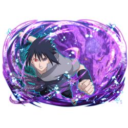  1boy aura black_hair black_pants grey_jacket heterochromia holding jacket naruto_(series) naruto_shippuuden:_ultimate_ninja_blazing official_art pants red_eyes rinnegan sandals sharingan short_hair short_sleeves solo susanoo_(naruto) sword uchiha_sasuke violet_eyes weapon 
