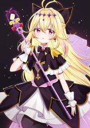  1girl absurdres antenna_hair black_bow black_dress black_necktie blonde_hair bow braid brooch commentary_request cure_arcana_shadow dress earrings gloves gradient_hair hair_between_eyes hair_intakes hair_ornament half_up_braid heart heart_brooch highres holding holding_rod jewelry long_hair looking_at_viewer magical_girl meitantei_precure! moria_luluka multicolored_hair necktie pink_eyes pink_hair precure purple_nails purple_thighhighs purple_veil rod solo tear_arcana_rod thigh-highs thighs tilly_ira_10 veil wand white_gloves 