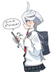  1girl absurdres bag be_go_ichi black_skirt cellphone charm_(object) closed_mouth commentary_request cool_(gundam_suisei_no_majo) grey_eyes gundam gundam_suisei_no_majo highres holding holding_phone jacket long_hair miorine_rembran necktie phone plaid_clothes plaid_skirt profile red_necktie school_bag skirt smartphone solo speech_bubble translation_request white_hair white_jacket 
