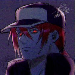  1boy baseball_cap commentary_request fatal_fury fatal_fury:_city_of_the_wolves fatal_fury_cap hat highres long_hair looking_at_viewer male_focus official_alternate_costume official_alternate_hair_color pale_skin ponytail red_eyes red_hair simple_background snk solo sudachi0315 terry_bogard 