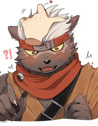  1boy blush claws colored_sclera commentary_request disembodied_hand embarrassed fangs furry furry_male headband highres male_focus open_mouth pawpads petting red_headband solo_focus tadatomo_(housamo) tokyo_afterschool_summoners white_hair yano_(zri_088) yellow_sclera yin_yang 