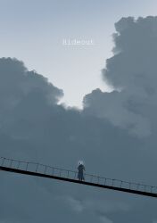  1girl absurdres blue_archive blue_sky bridge cloud_focus clouds cloudy_sky coat commentary_request english_text from_behind grey_sky halo highres kani_etizen03 outdoors rope_bridge saori_(blue_archive) scenery sky solo standing very_wide_shot white_coat white_halo 